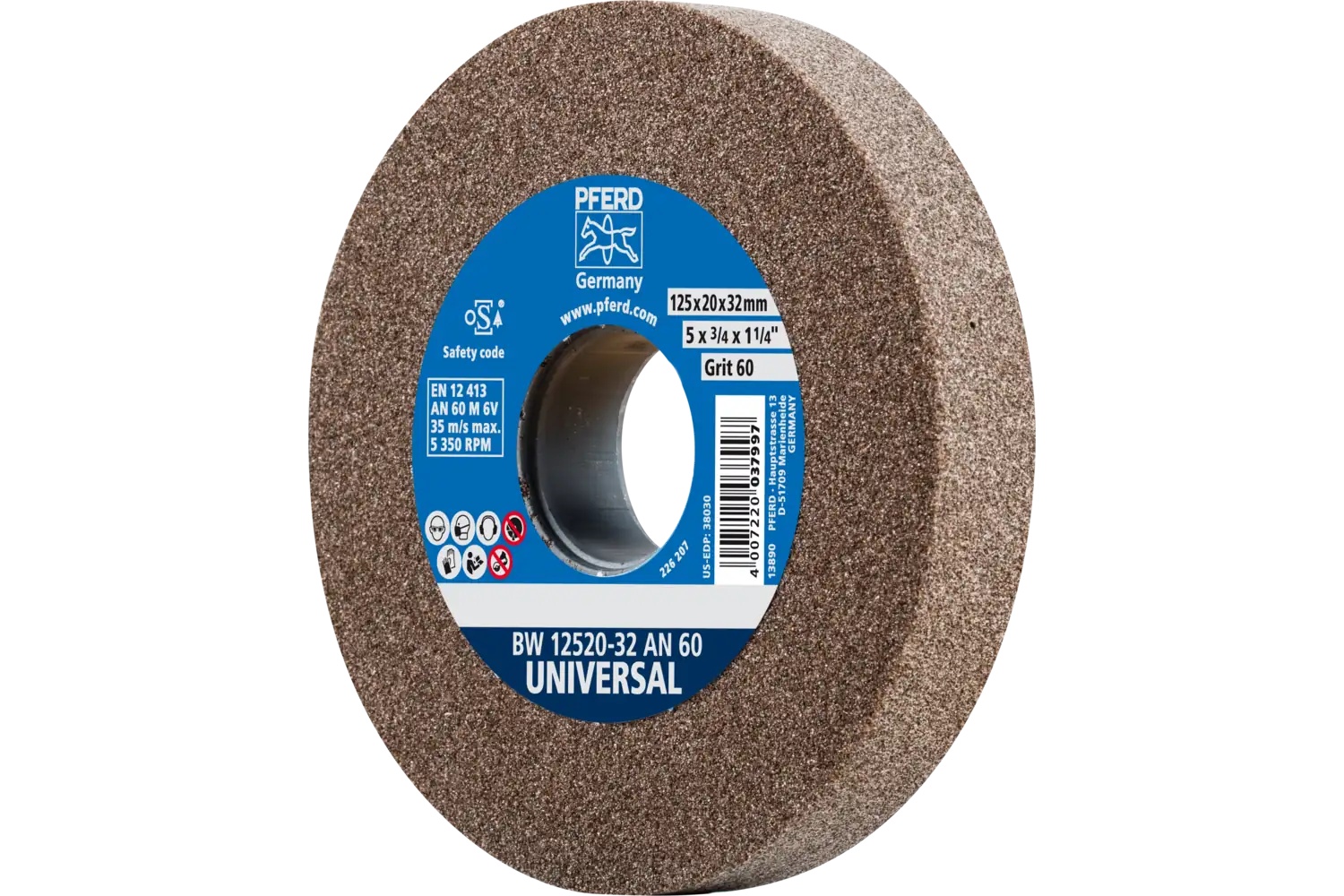 Picture of Pferd Vitrified Bench Wheel, Universal, 5" X 3/4 X 1-1/4, 60 Grit, Aluminum Oxide